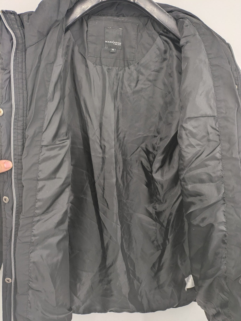 Mark Adam grey quilted jacket with high collar and buttoned flap pockets.