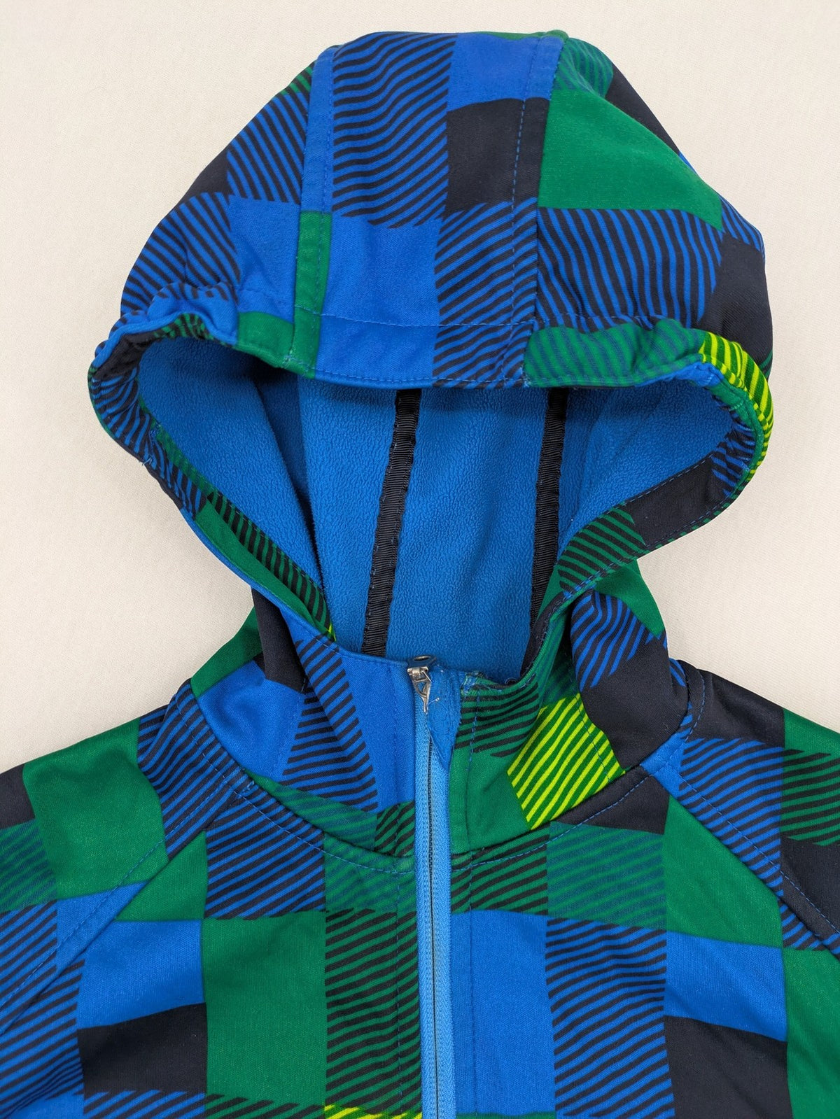 Pepperts multi softshell jacket plaid pattern blue green black, fleece lined, hooded.