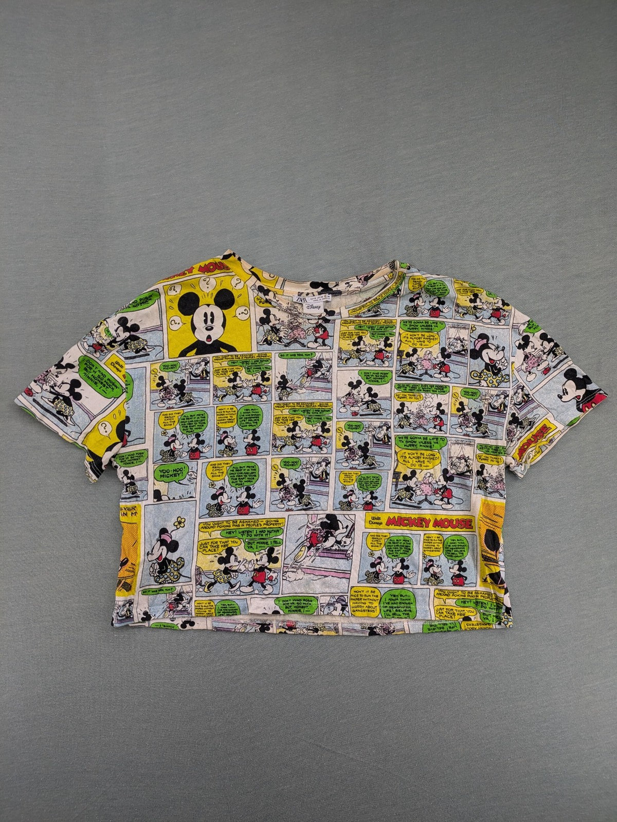 Zara multi-coloured cropped t-shirt featuring vibrant Mickey Mouse comic print and short sleeves.