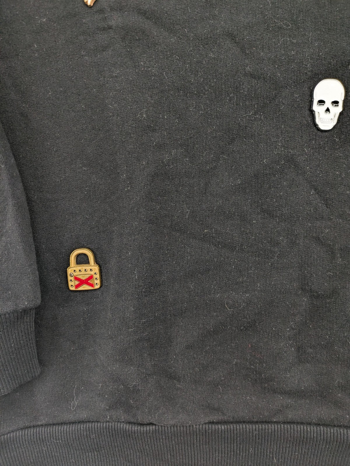 Zara grey turtle neck jumper with skull, scorpion, flame, and eagle embellishments.
