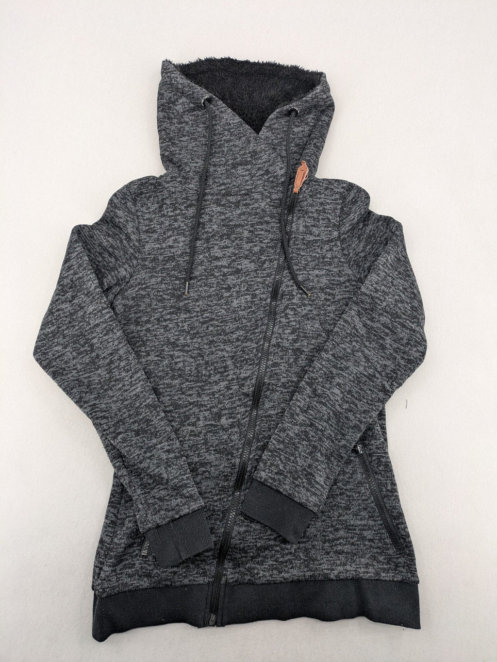 BLIND DATE grey asymmetrical zip hoodie with high fleece-lined waterfall collar.