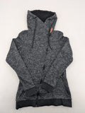 BLIND DATE grey asymmetrical zip hoodie with high fleece-lined waterfall collar.