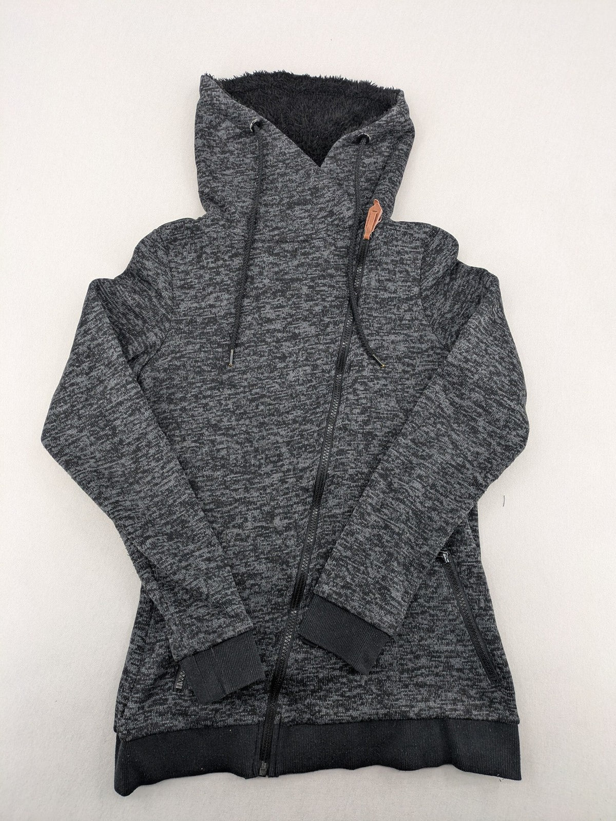 BLIND DATE grey asymmetrical zip hoodie with high fleece-lined waterfall collar.