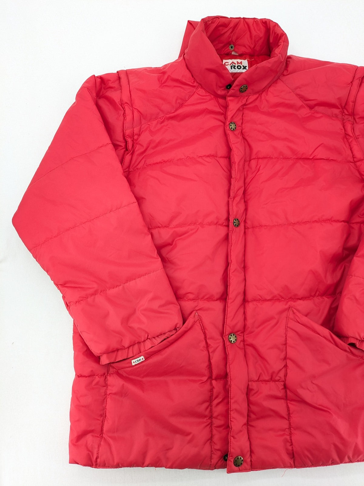 Rox red puffer vest with detachable sleeves and hood, vintage style.