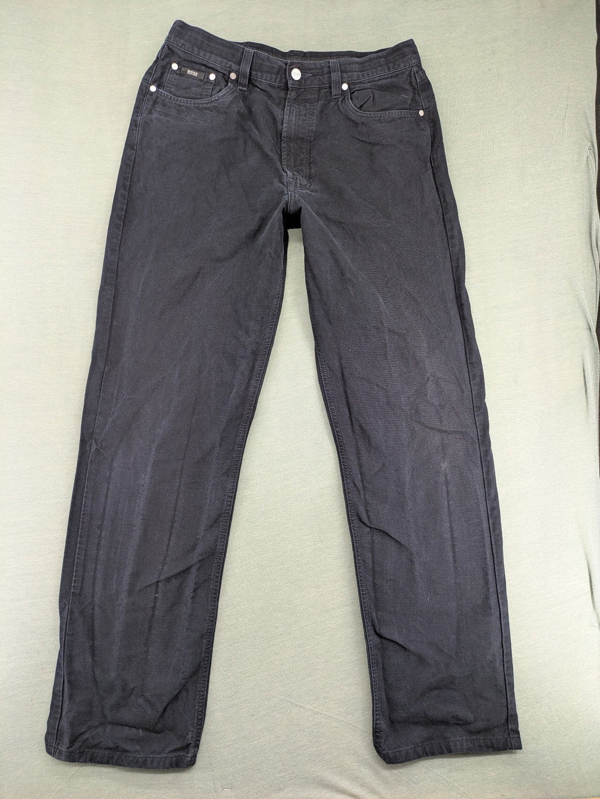 BOSS Hugo Boss grey straight jeans classic 5-pocket design with leather patch.