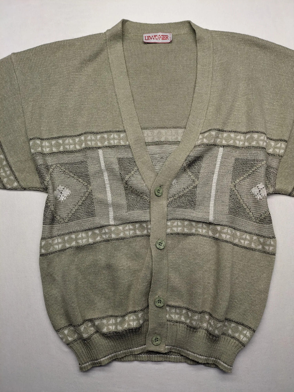 Lewträger cream and grey turtle neck jumper with geometric pattern and button placket.