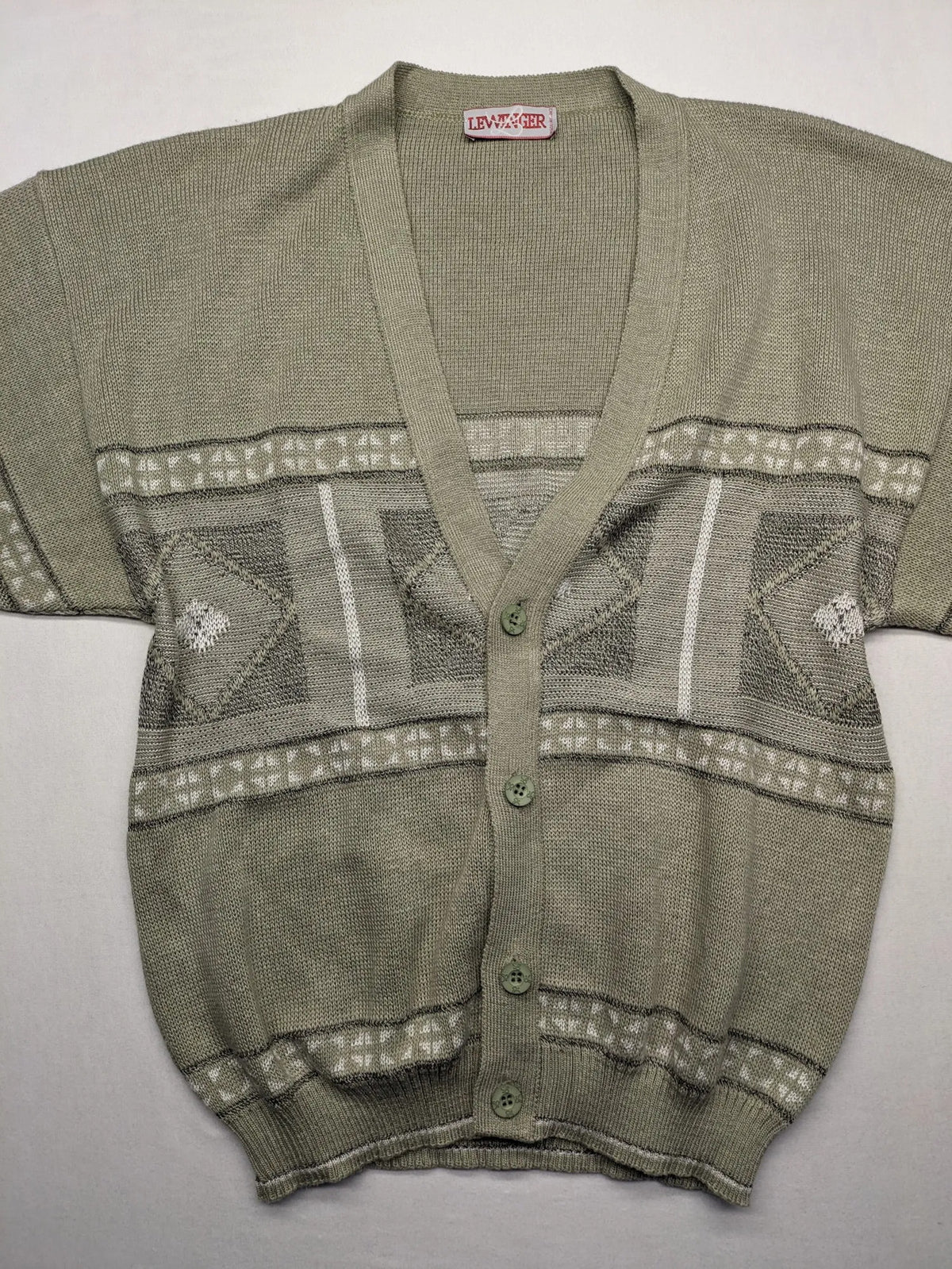Lewträger cream and grey turtle neck jumper with geometric pattern and button placket.