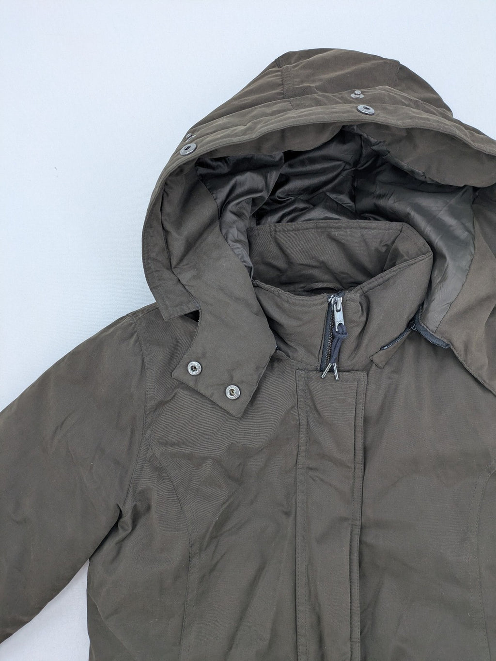 ONLY khaki parka coat with hood, quilted lining, and ribbed cuffs.