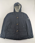 Angelo Litrico black duffle coat with toggle closure and cream Sherpa-lined hood.
