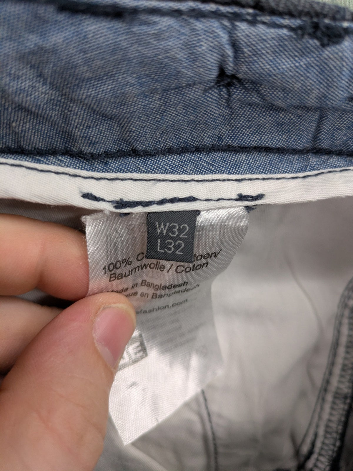 WE grey straight leg chinos 100% cotton button fly with unique brand buttons