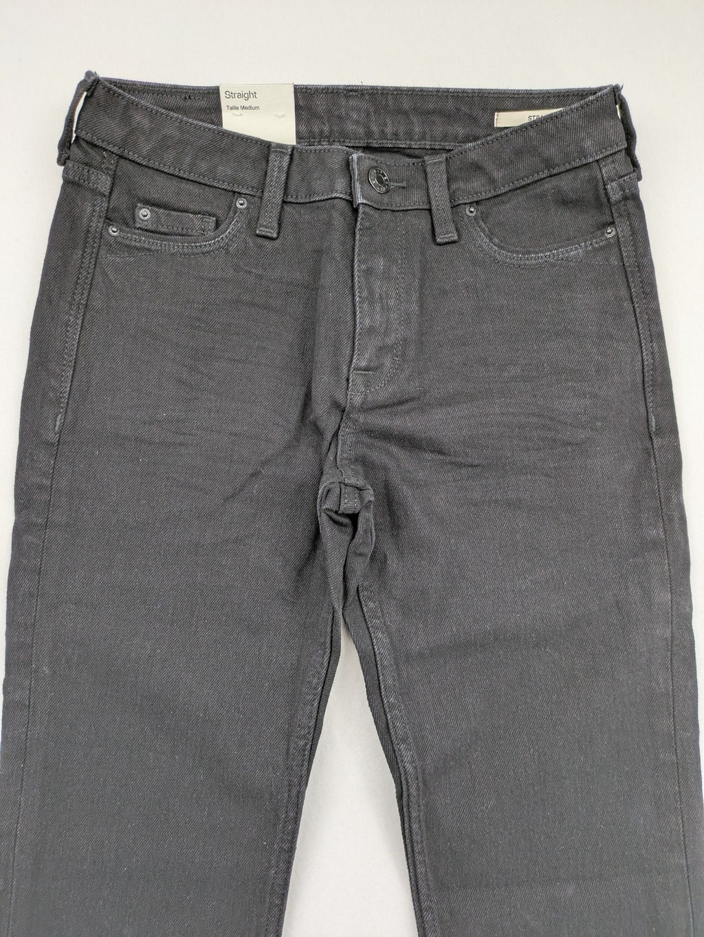 Esprit grey straight jeans with medium rise and original tags, classic denim style.