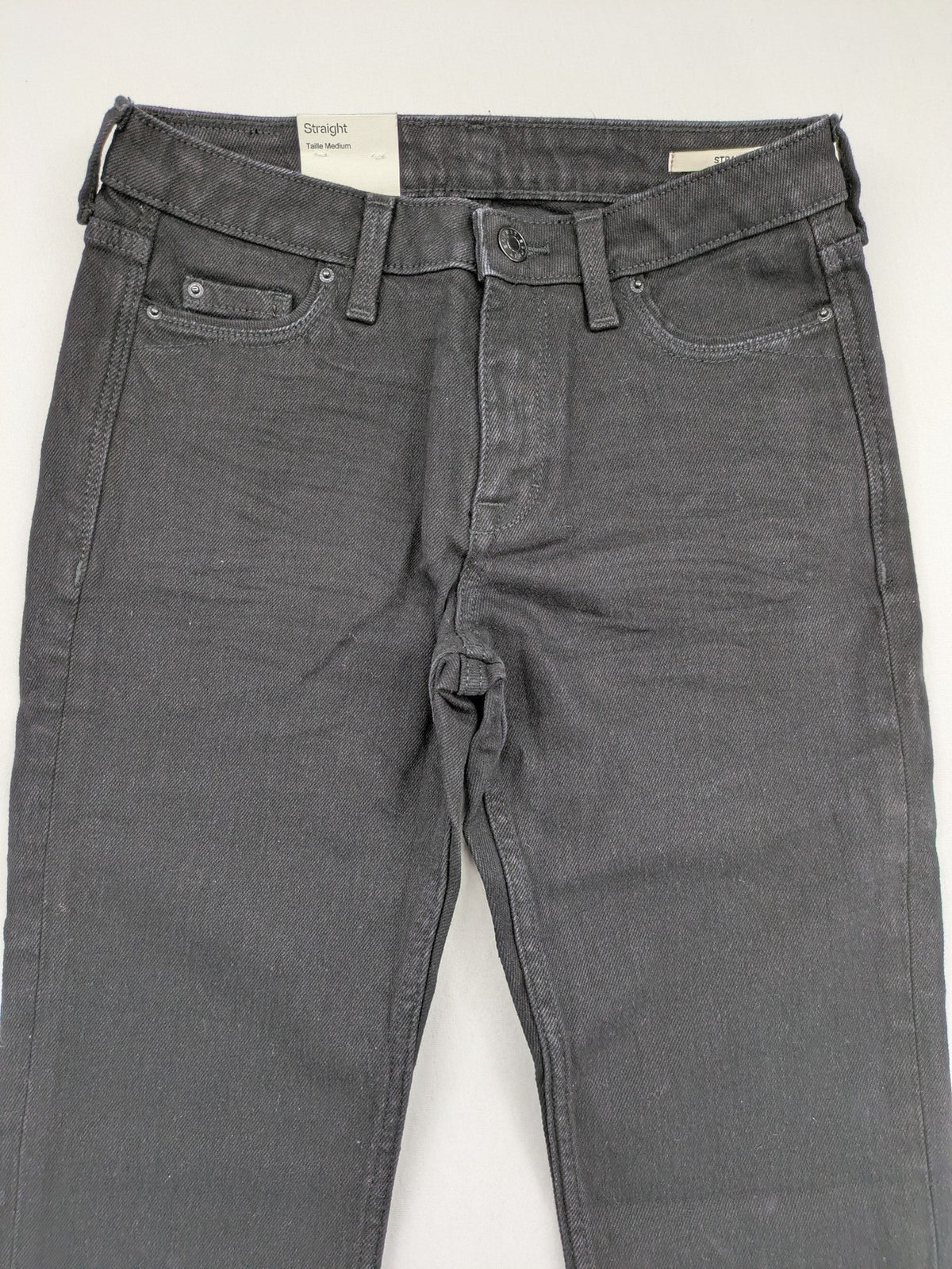 Esprit grey straight jeans with medium rise and original tags, classic denim style.