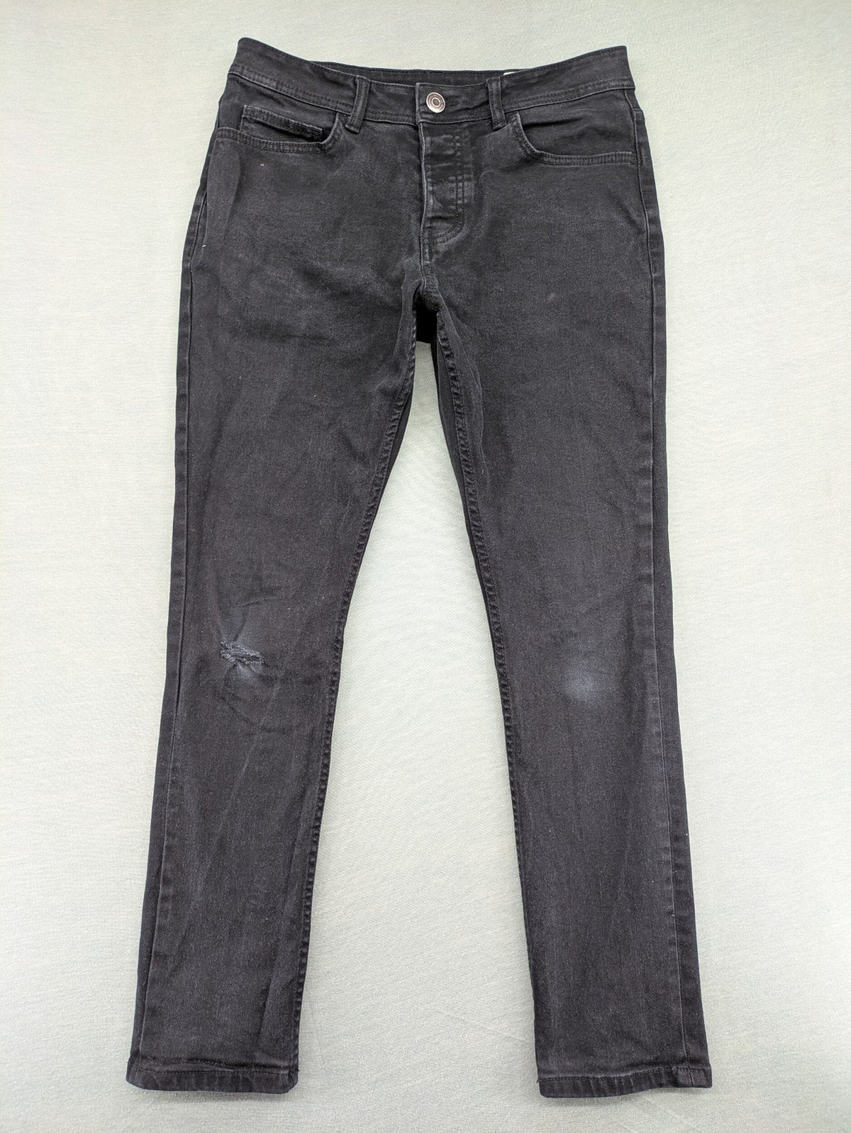 Denim & Co. grey slim fit jeans with button fly and classic 5-pocket design.