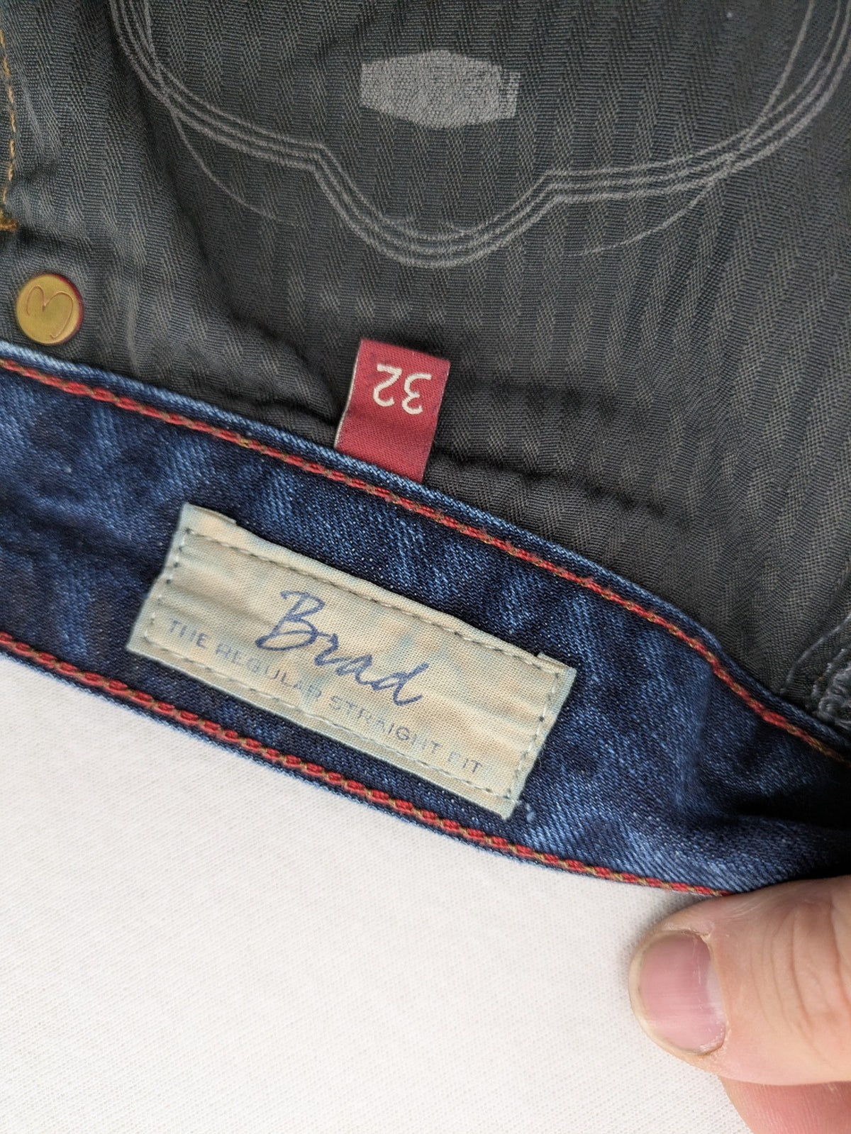 W32 blue straight jeans with classic 5-pocket design and dark wash denim.