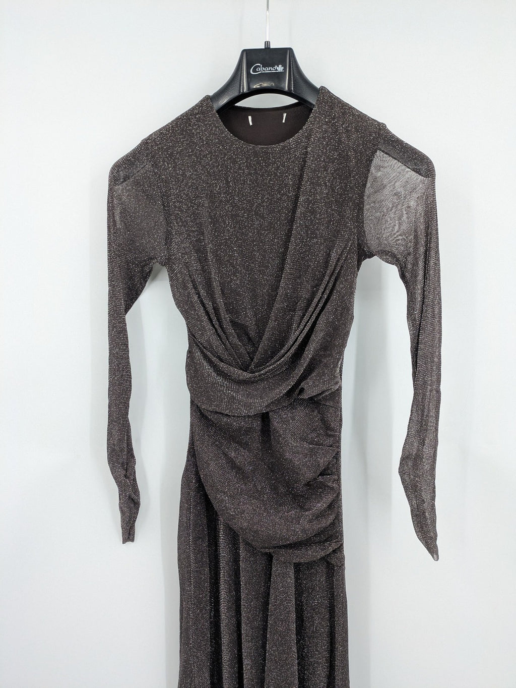 Abendkleid grey A-line dress metallic shimmer draped waist long sheer sleeves