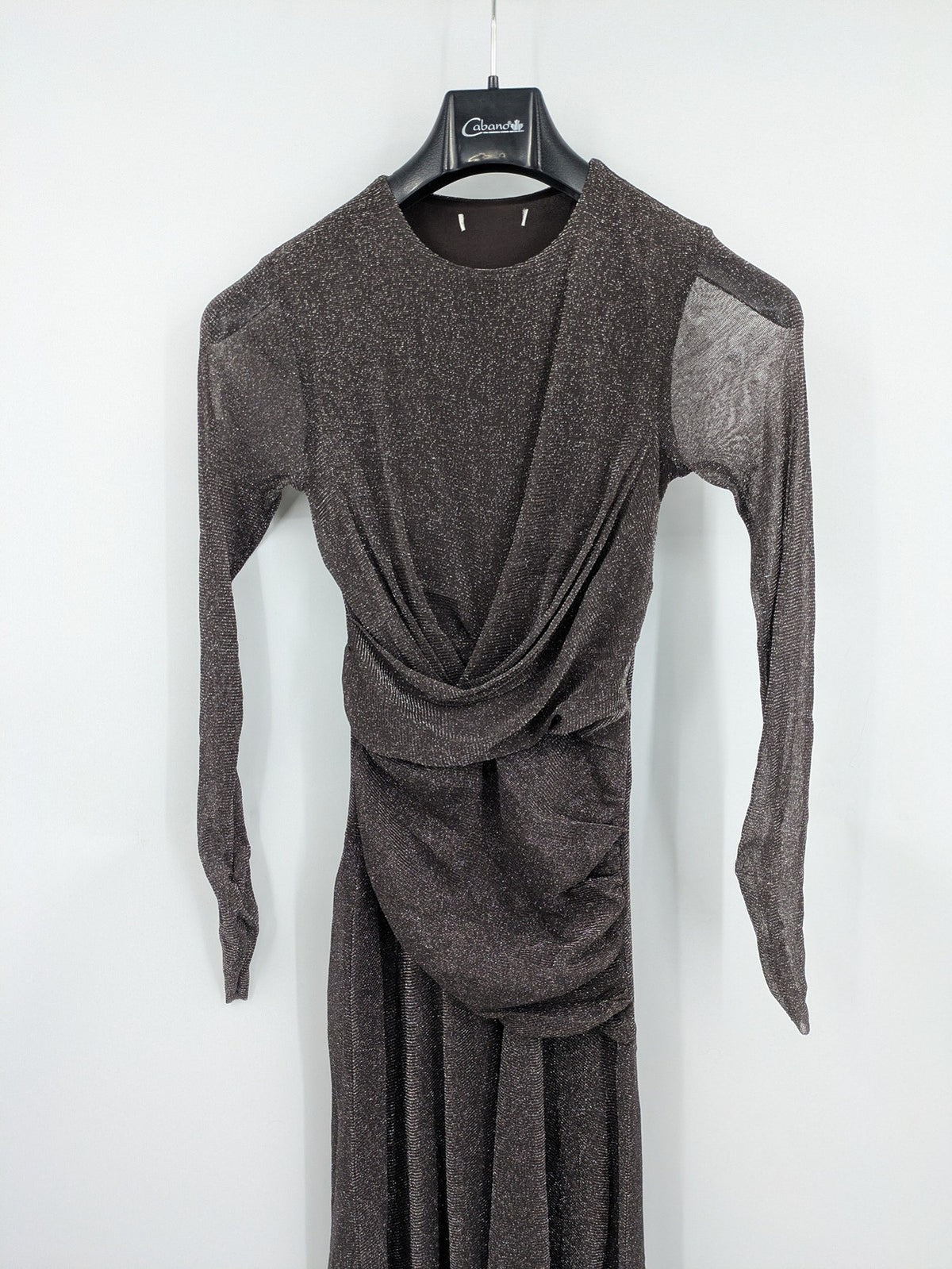 Abendkleid grey A-line dress metallic shimmer draped waist long sheer sleeves