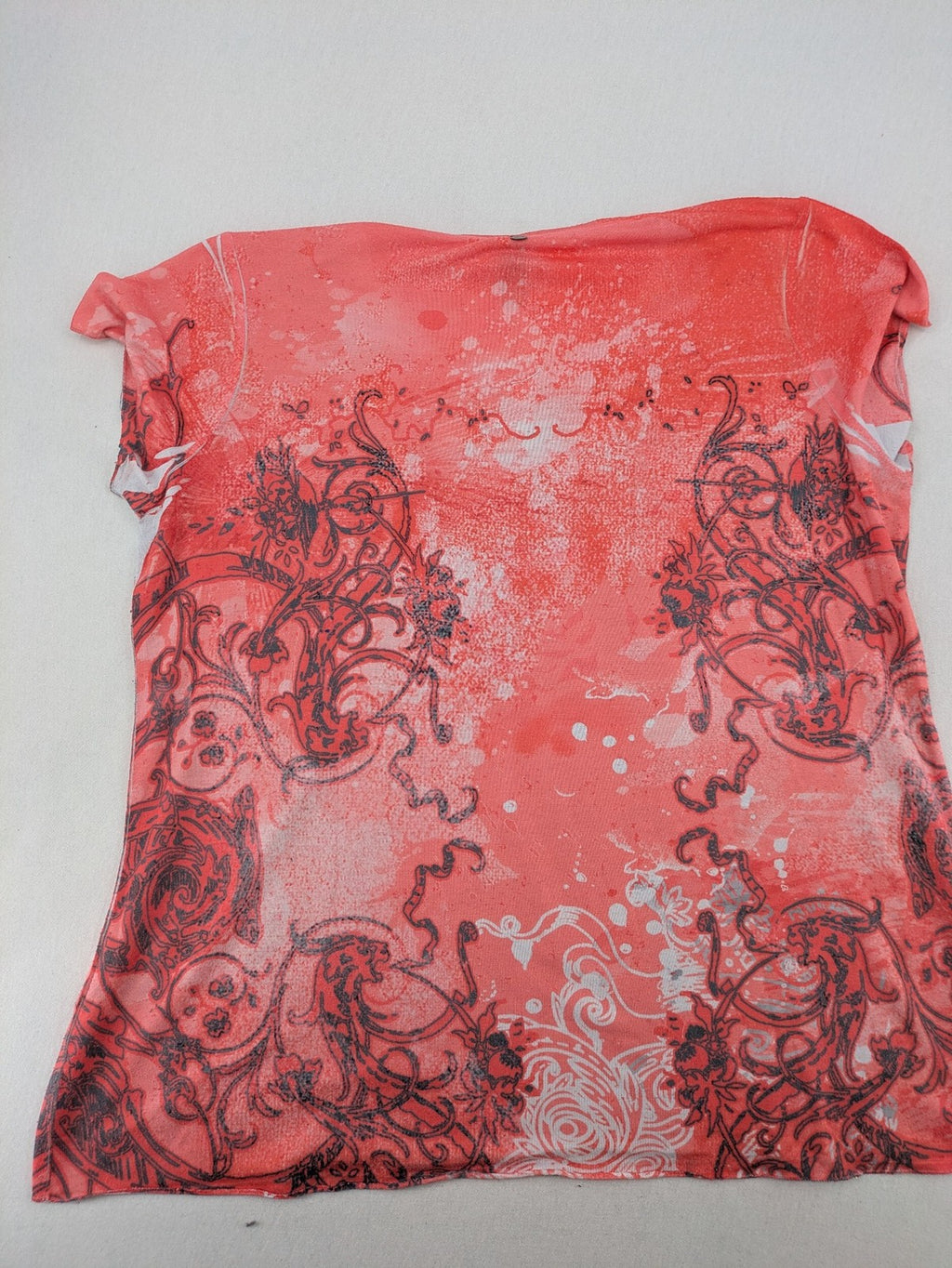TREDY pink graphic top with rose and wings design, embellished with rhinestones.