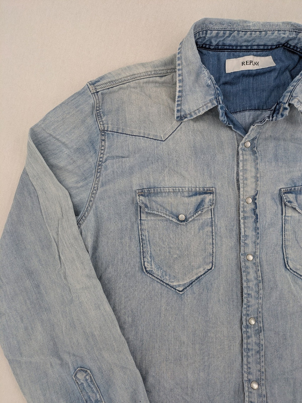 Replay denim western shirt light blue with pearl snap buttons and iconic yoke design.