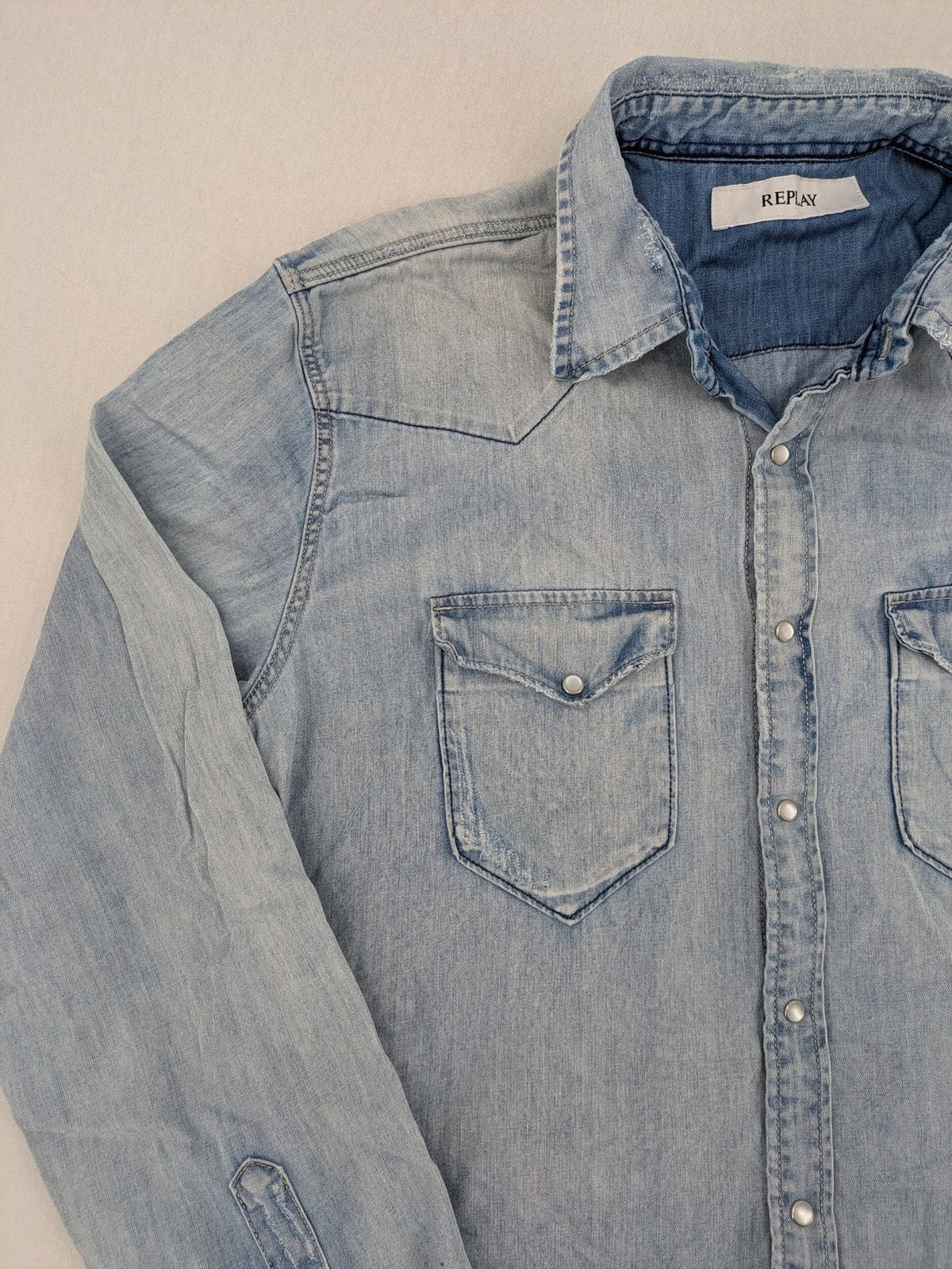 Replay denim western shirt light blue with pearl snap buttons and iconic yoke design.