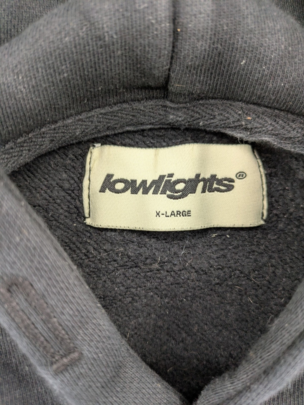 Lowlights Studios grey hoodie with embroidered logo and kangaroo pocket, 100% cotton.