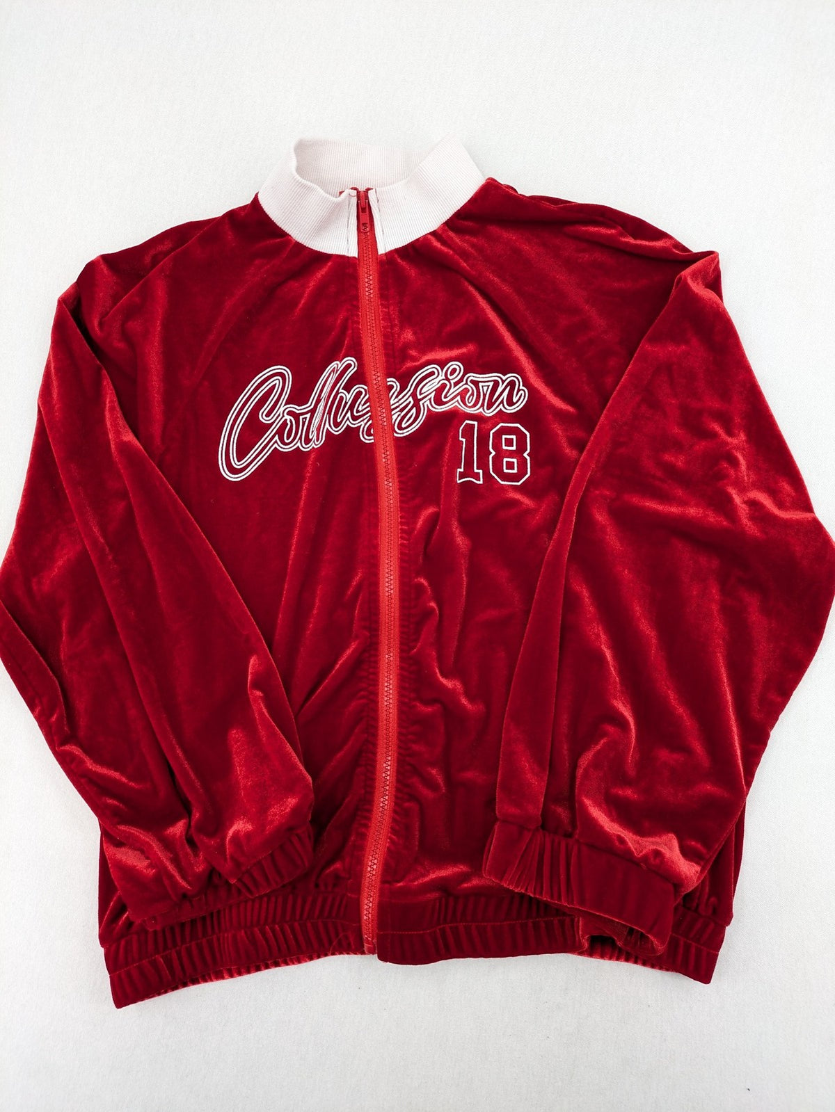 SHEIN red loungewear set velvet fabric with white collar and "Collision 18" graphic.