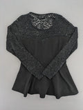 Amisu black peplum top with floral lace sleeves and delicate lace trim.