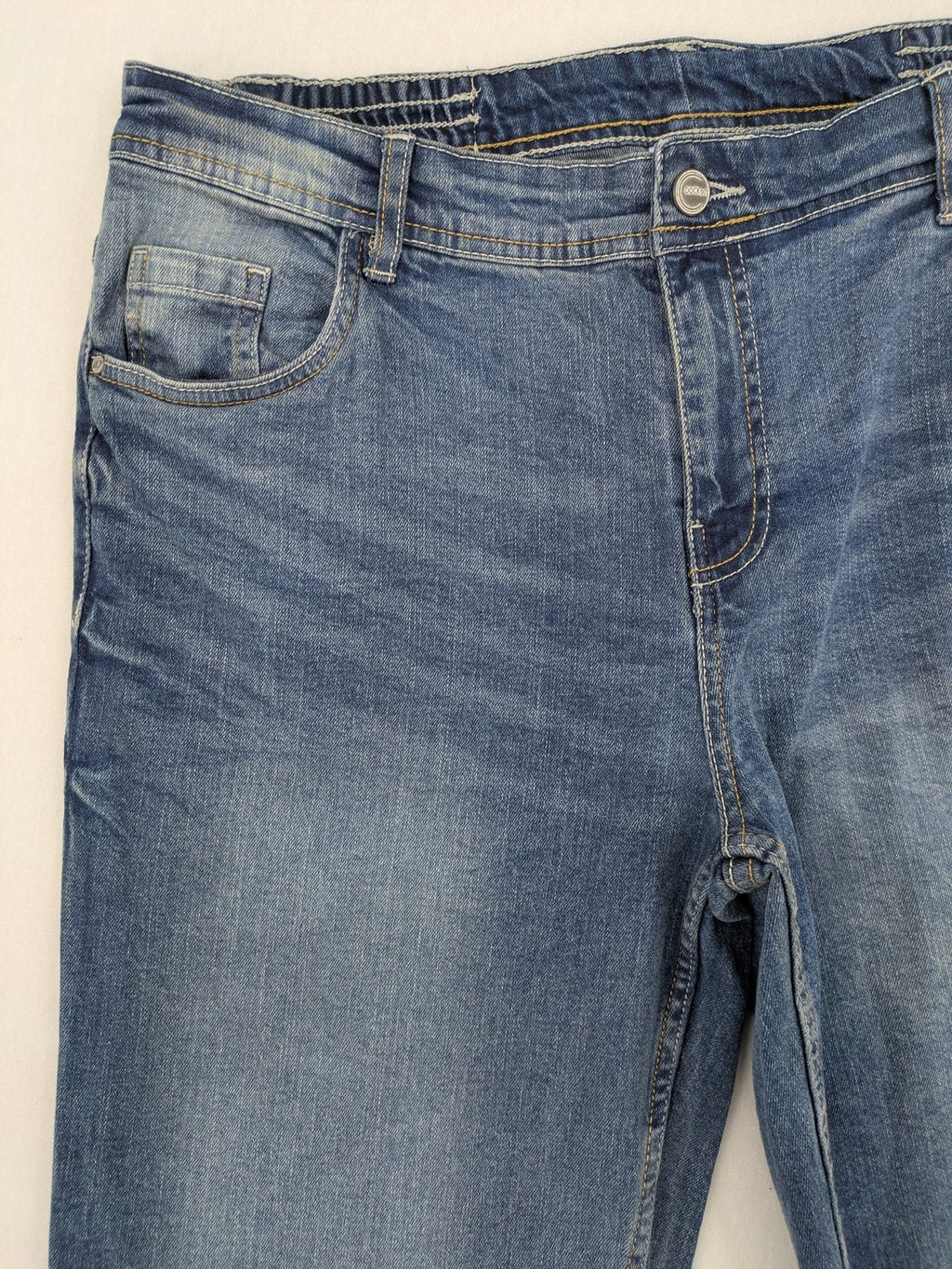 Up Fashion blue denim capri shorts, 5-pocket style, elastic waistband, soft cotton blend.