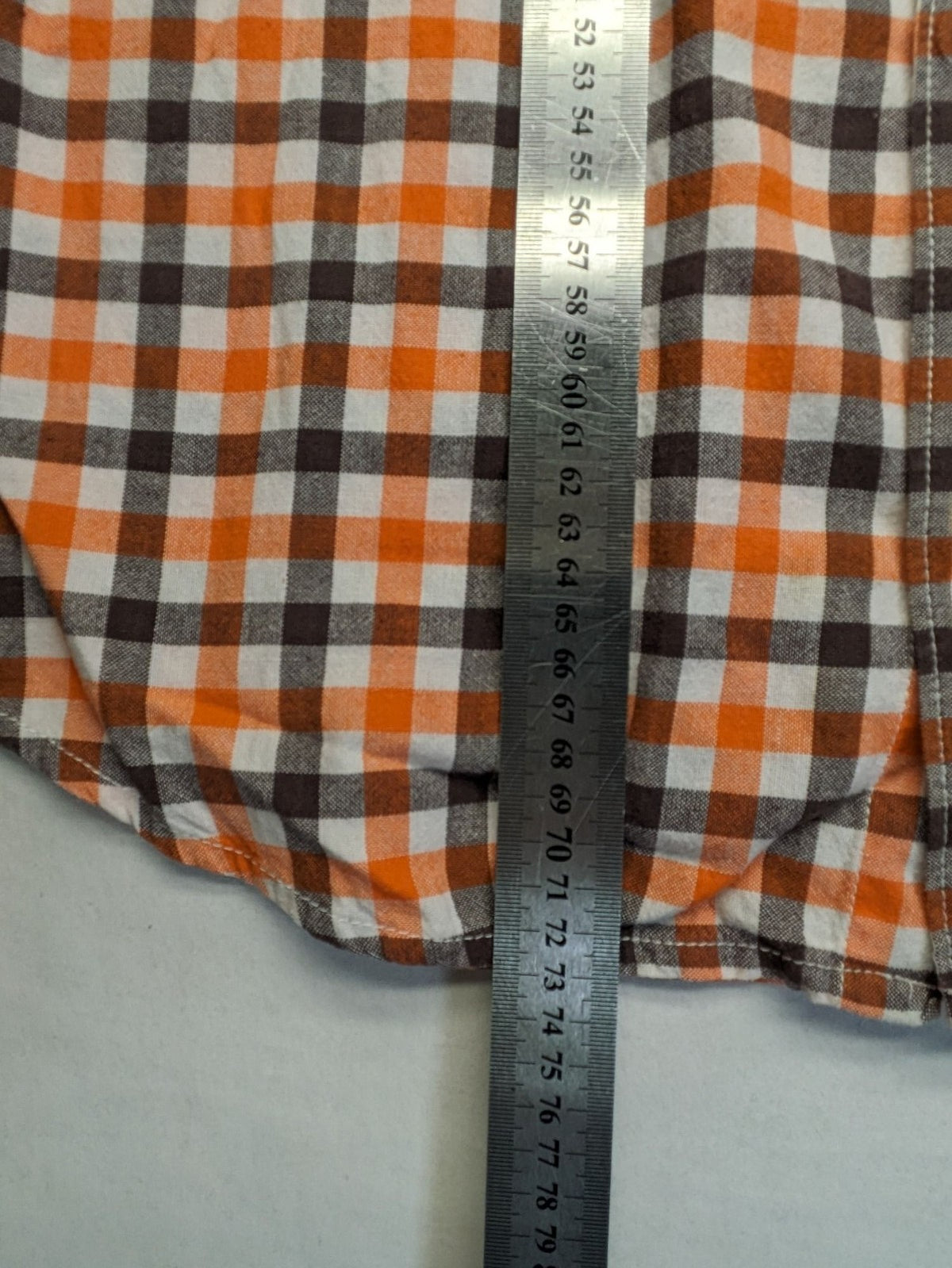 Country Life orange checkered shirt, 100% cotton, single chest pocket, button-down style.