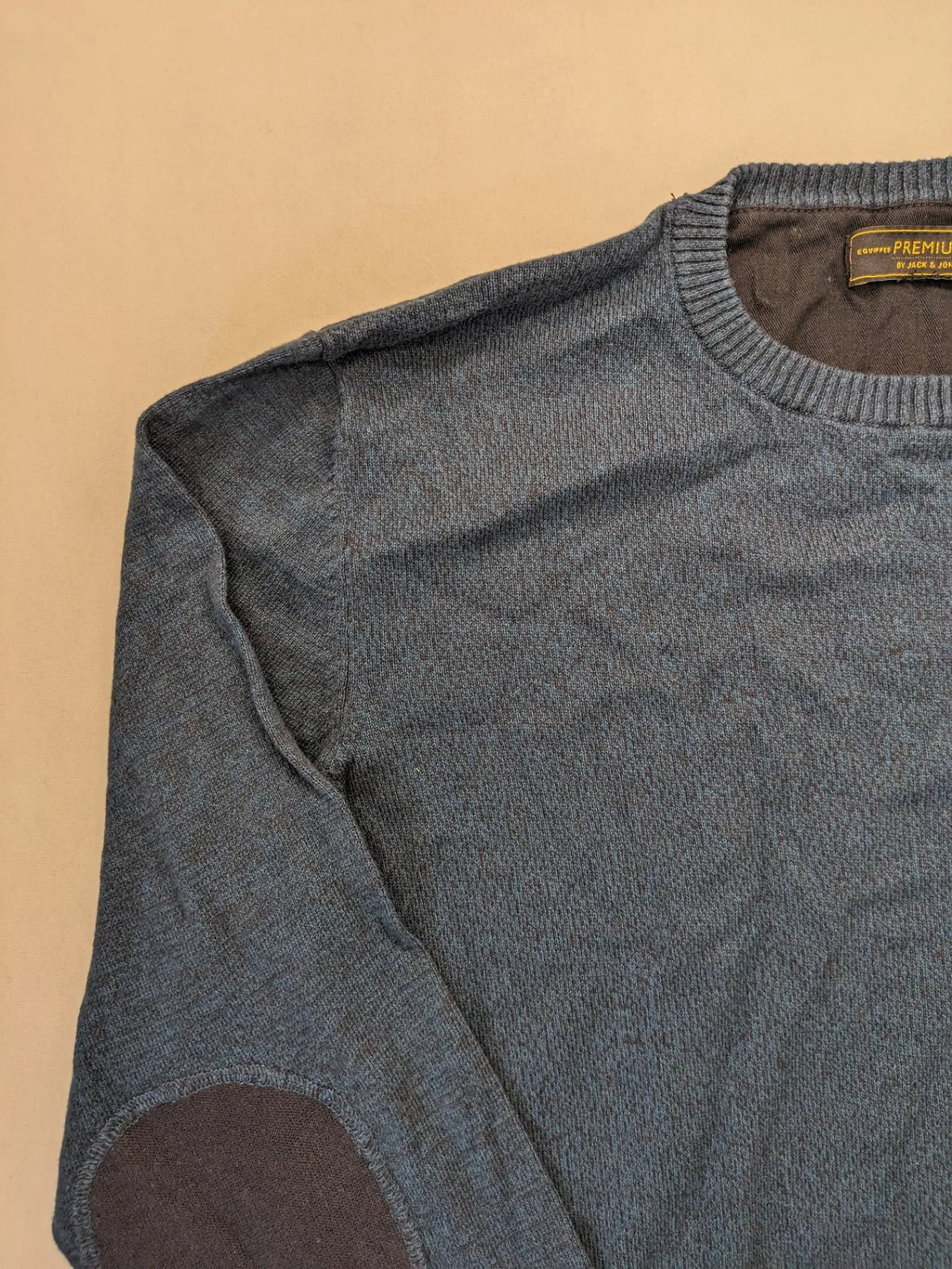 Jack & Jones brown and grey turtle neck jumper with contrasting elbow patches and shoulder buttons.