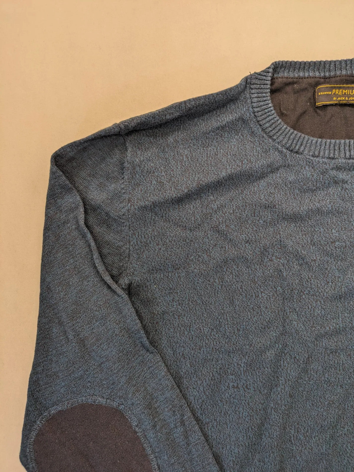 Jack & Jones brown and grey turtle neck jumper with contrasting elbow patches and shoulder buttons.