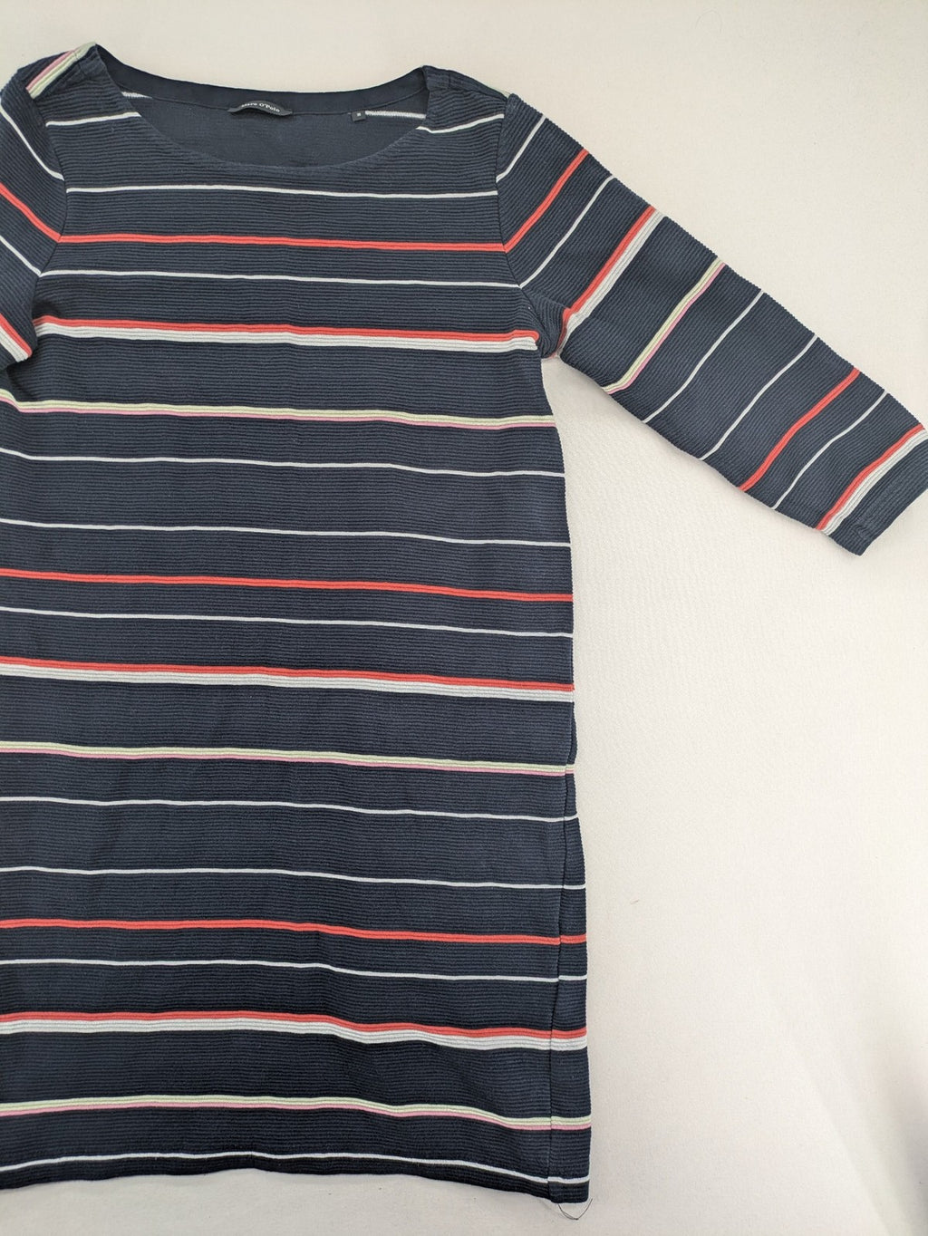 Marc O'Polo striped dress navy blue with red and white stripes, 3/4 sleeves, cotton.