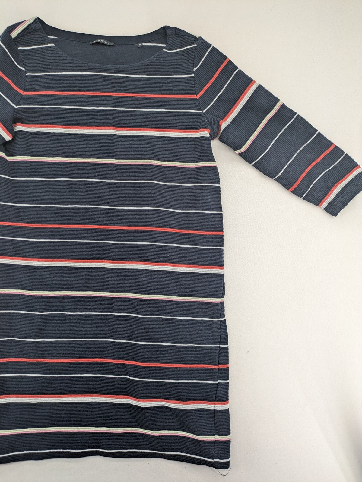 Marc O'Polo striped dress navy blue with red and white stripes, 3/4 sleeves, cotton.