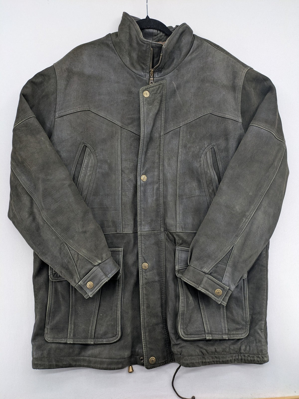 Sonderson grey leather jacket size 52, robust design with patterned lining and YKK zipper.