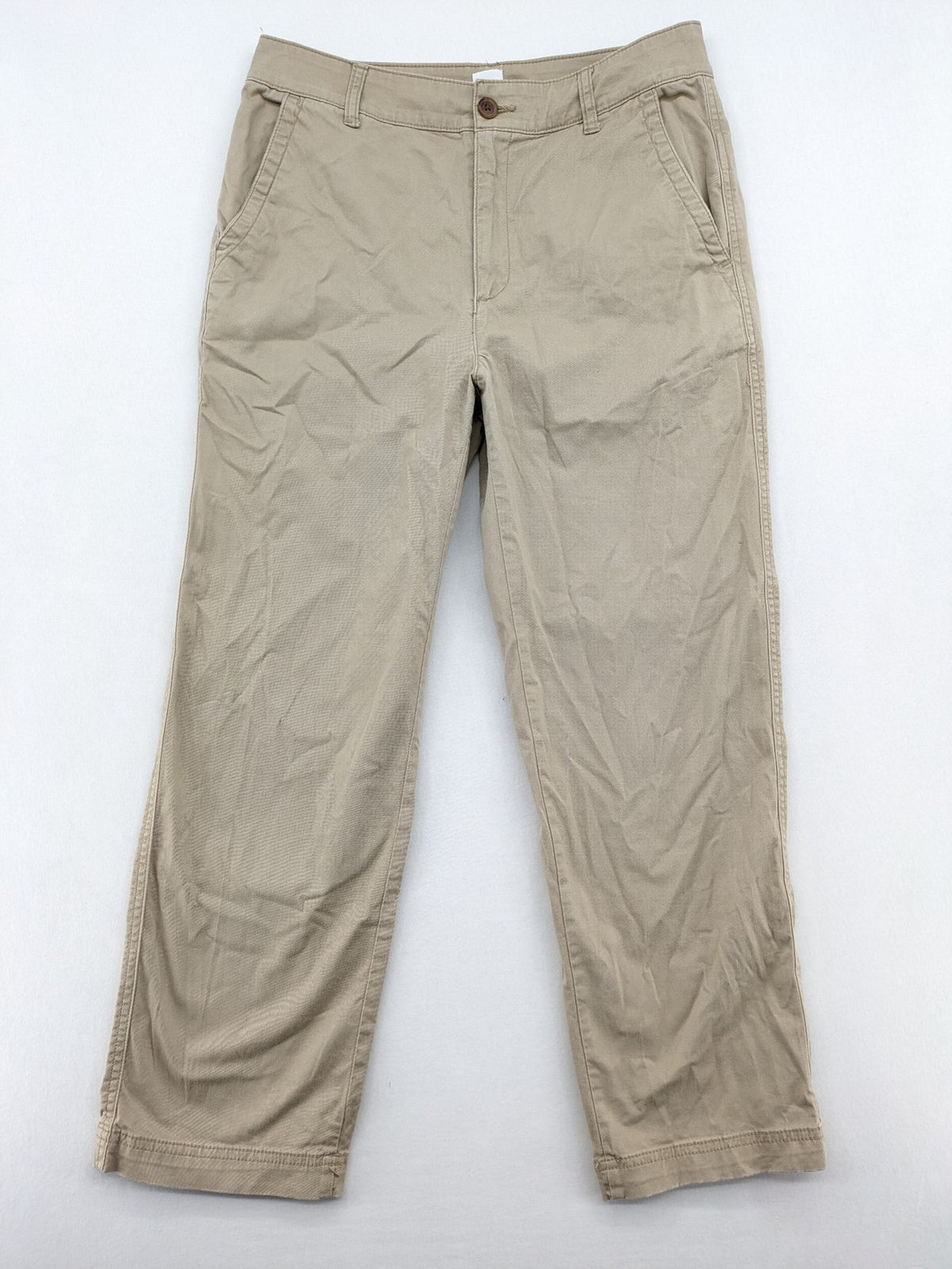Gap beige girlfriend chino pants with relaxed fit and soft cotton-stretch blend.
