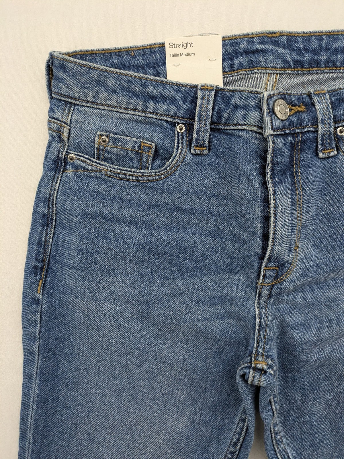 Esprit blue straight leg jeans medium rise with washed finish and cotton-stretch blend.