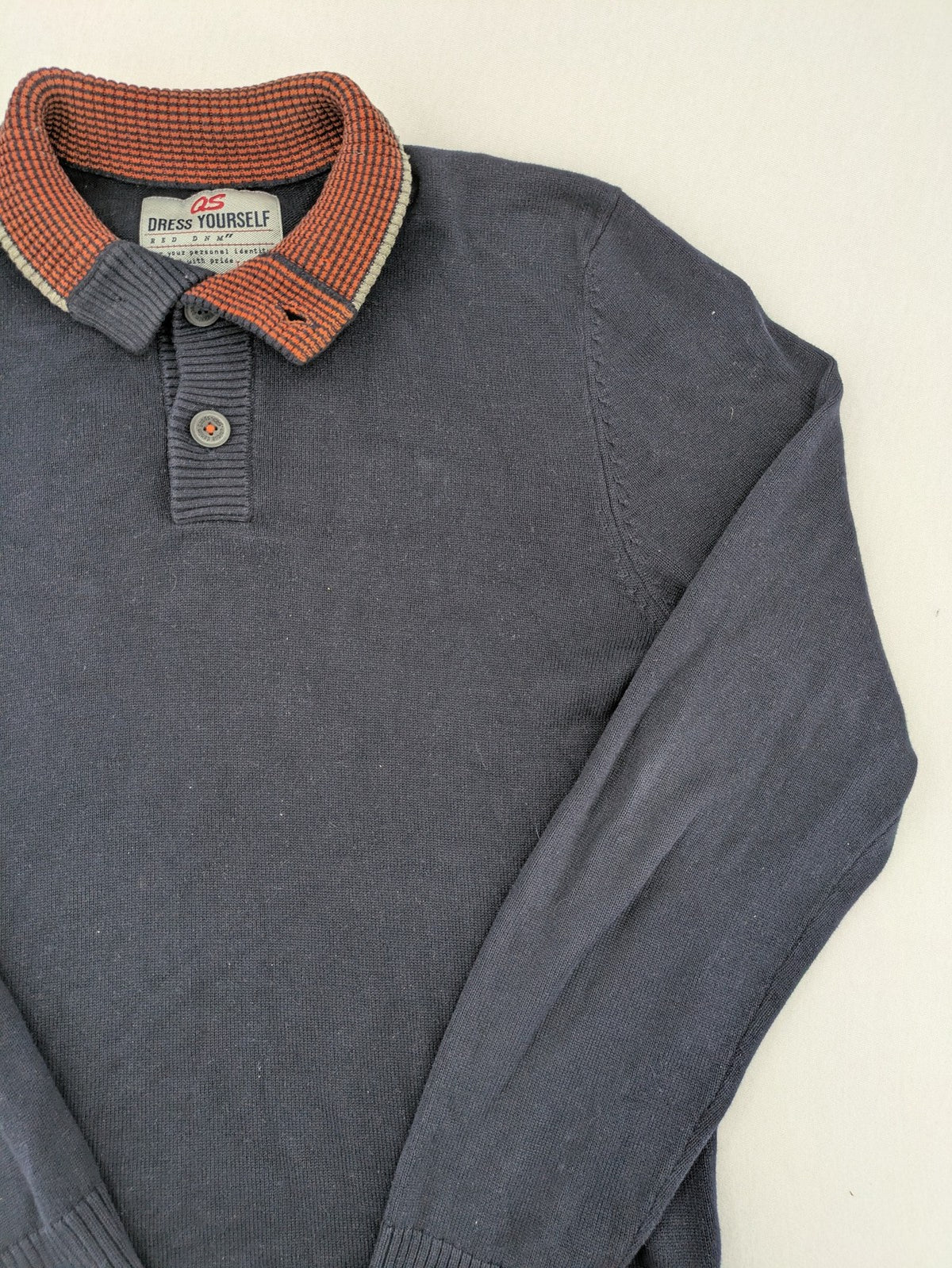QS Dress Yourself orange and grey contrast collar dark blue turtle neck jumper