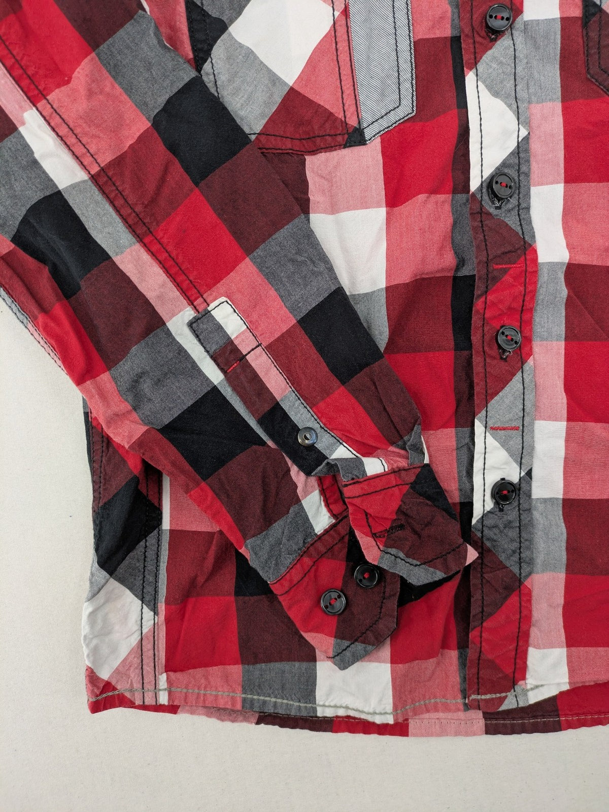 here+there by C&A red checkered long sleeve shirt with button placket and logo