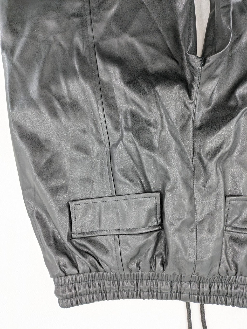 FB Sister grey jogger pants high waist with elastic waistband and drawstring, faux leather material.