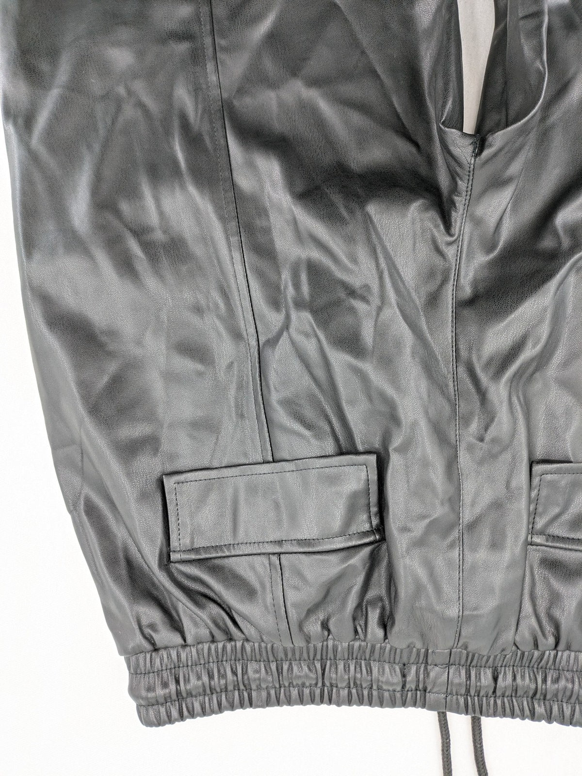 FB Sister grey jogger pants high waist with elastic waistband and drawstring, faux leather material.
