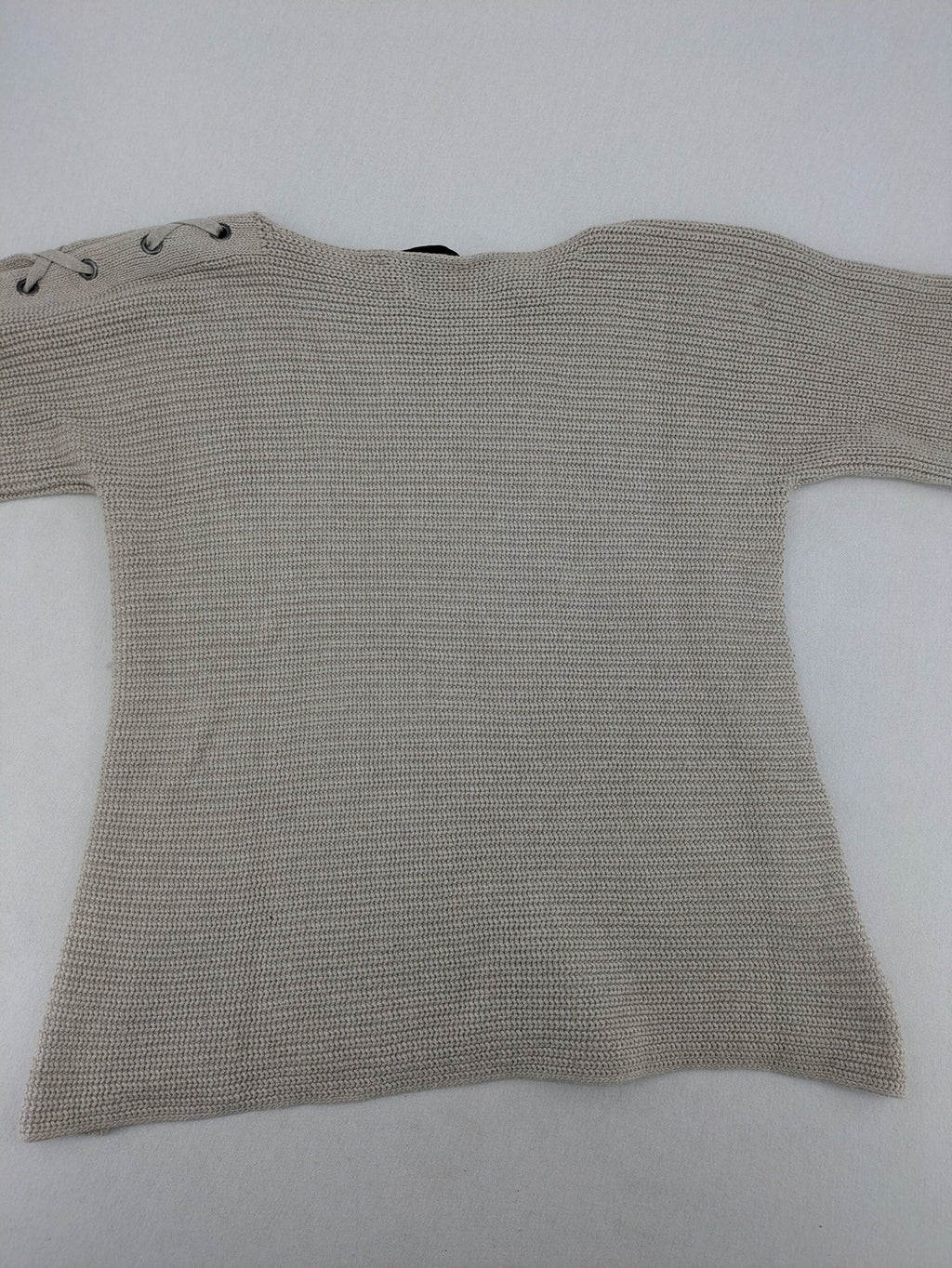 Oui knit jumper beige with lace-up sleeve details and 3/4 length arms.