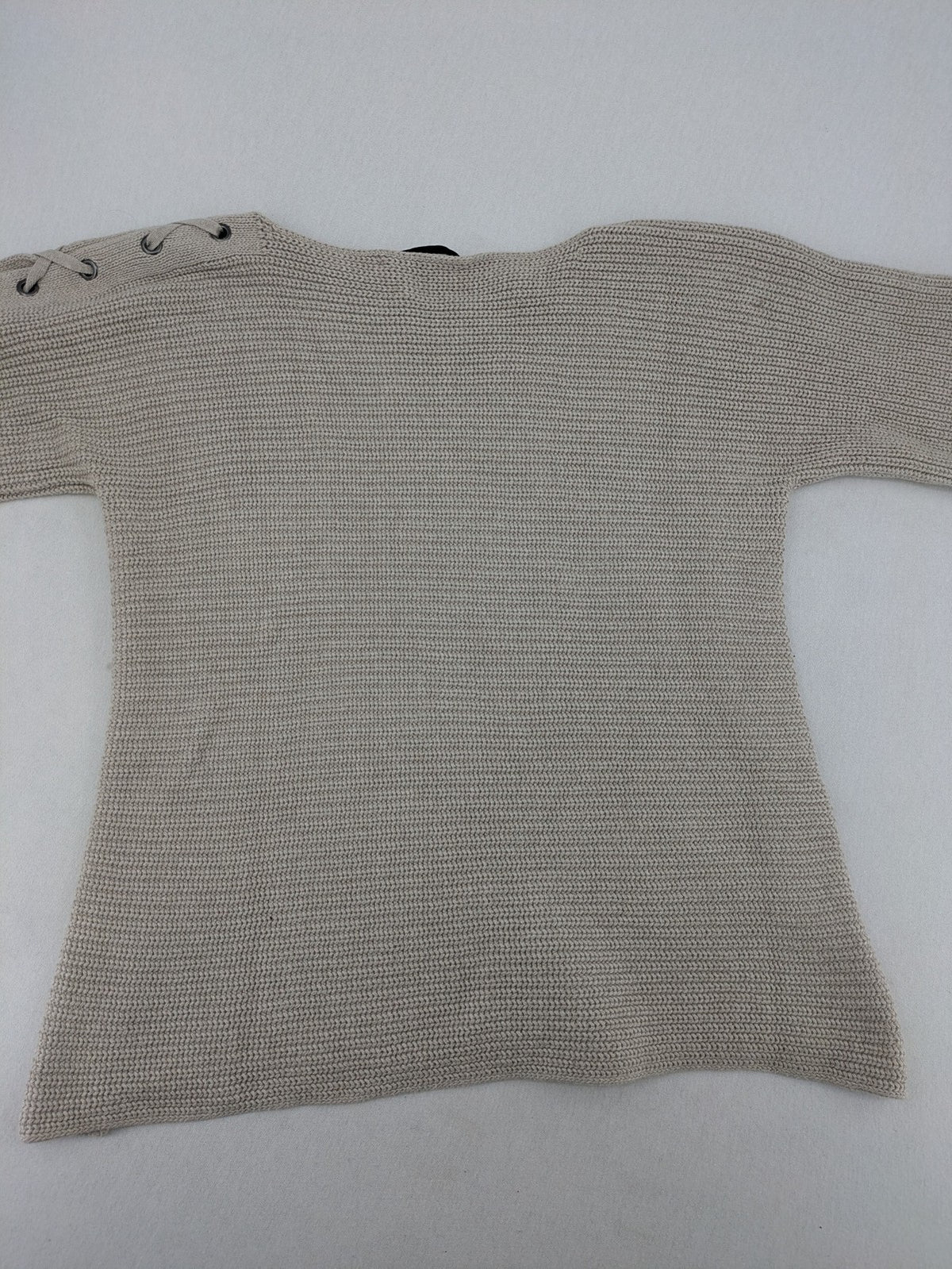Oui knit jumper beige with lace-up sleeve details and 3/4 length arms.