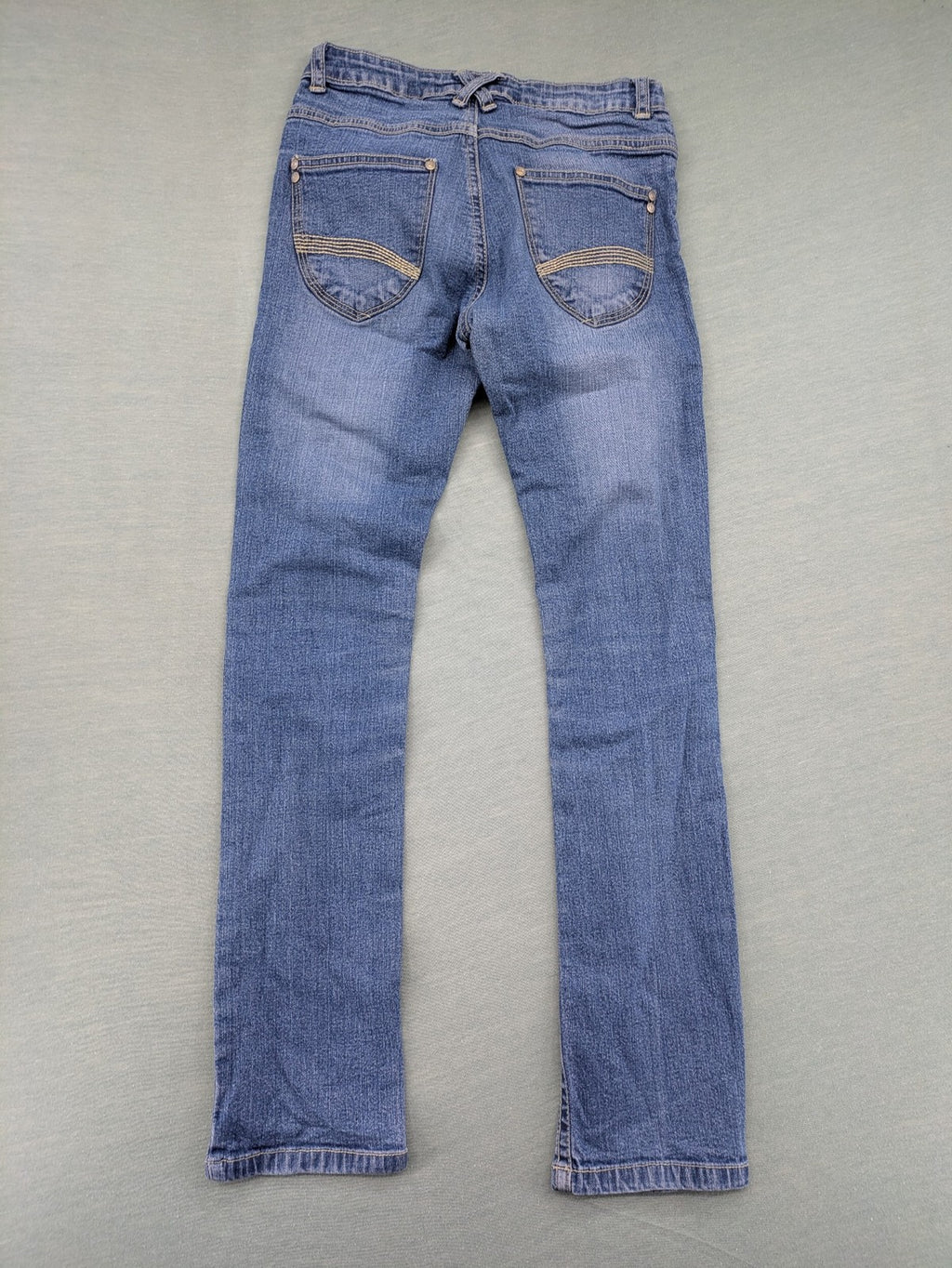 Bamboo blue straight jeans size 158, medium wash, classic 5-pocket style, stretch denim.