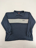 H.I.S navy turtle neck jumper with grey horizontal stripes and classic polo collar.