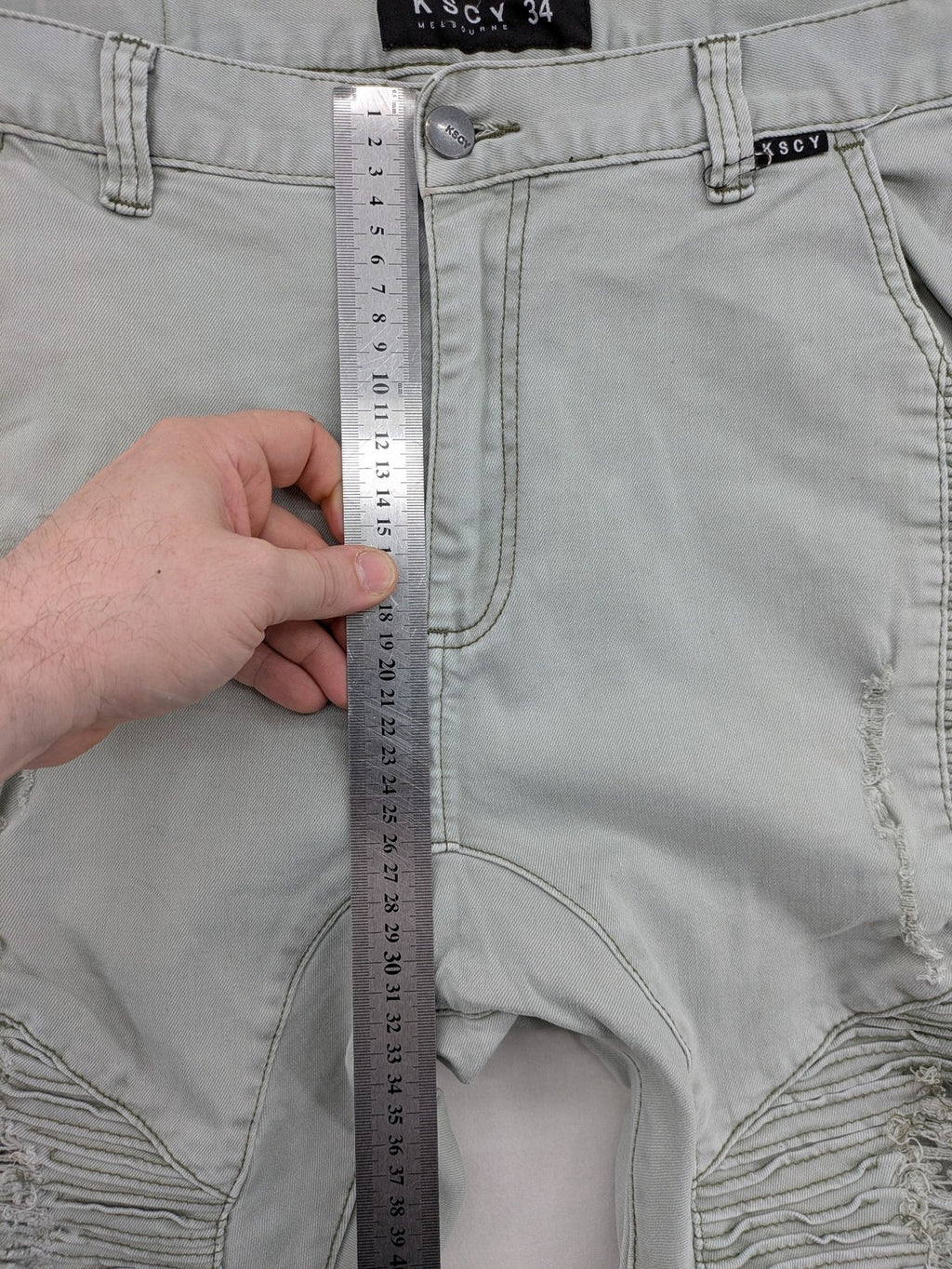 KSCY grey straight jeans with distressed details and ribbed biker inserts.