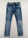 W32 blue straight jeans distressed details tapered fit button fly design