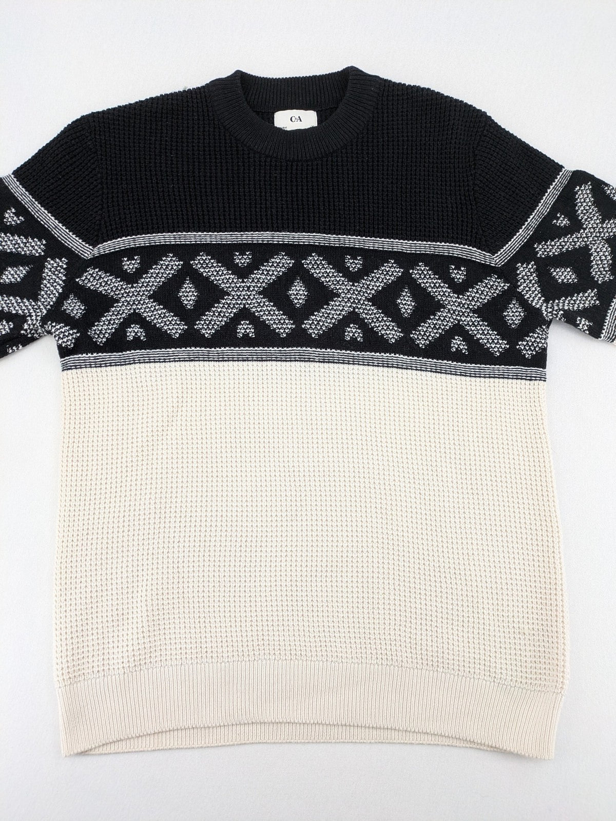 C&A turtle neck jumper black cream with Nordic pattern and waffle knit texture.
