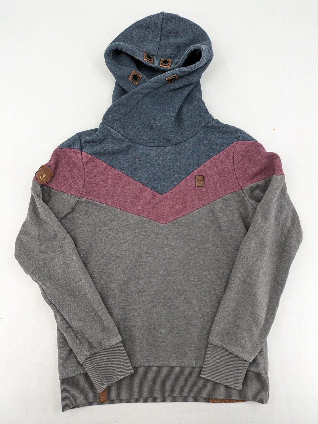 Naketano multicolor turtle neck jumper with button placket and anchor patches.