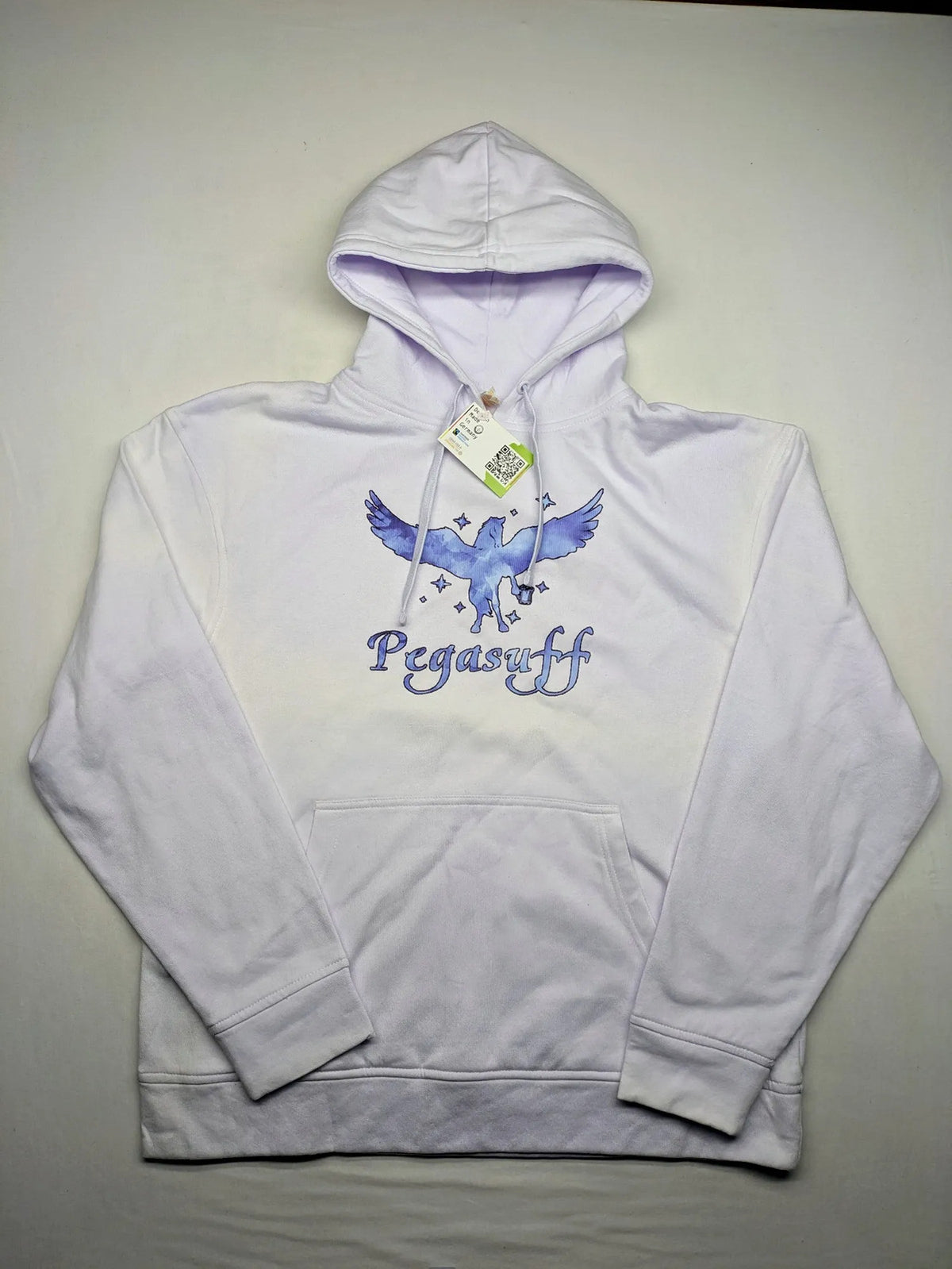 JHK blue hoodie with white "Pegasuff" graphic print and kangaroo pocket.
