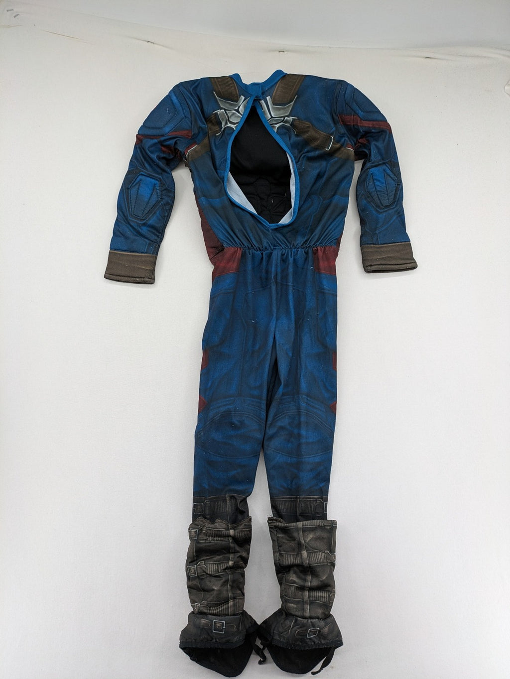 Captain America costume multi-coloured with padded muscle chest and shoulder details.