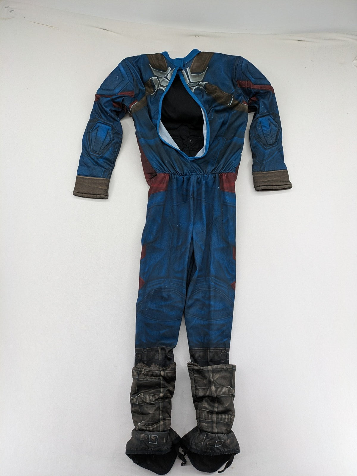 Captain America costume multi-coloured with padded muscle chest and shoulder details.
